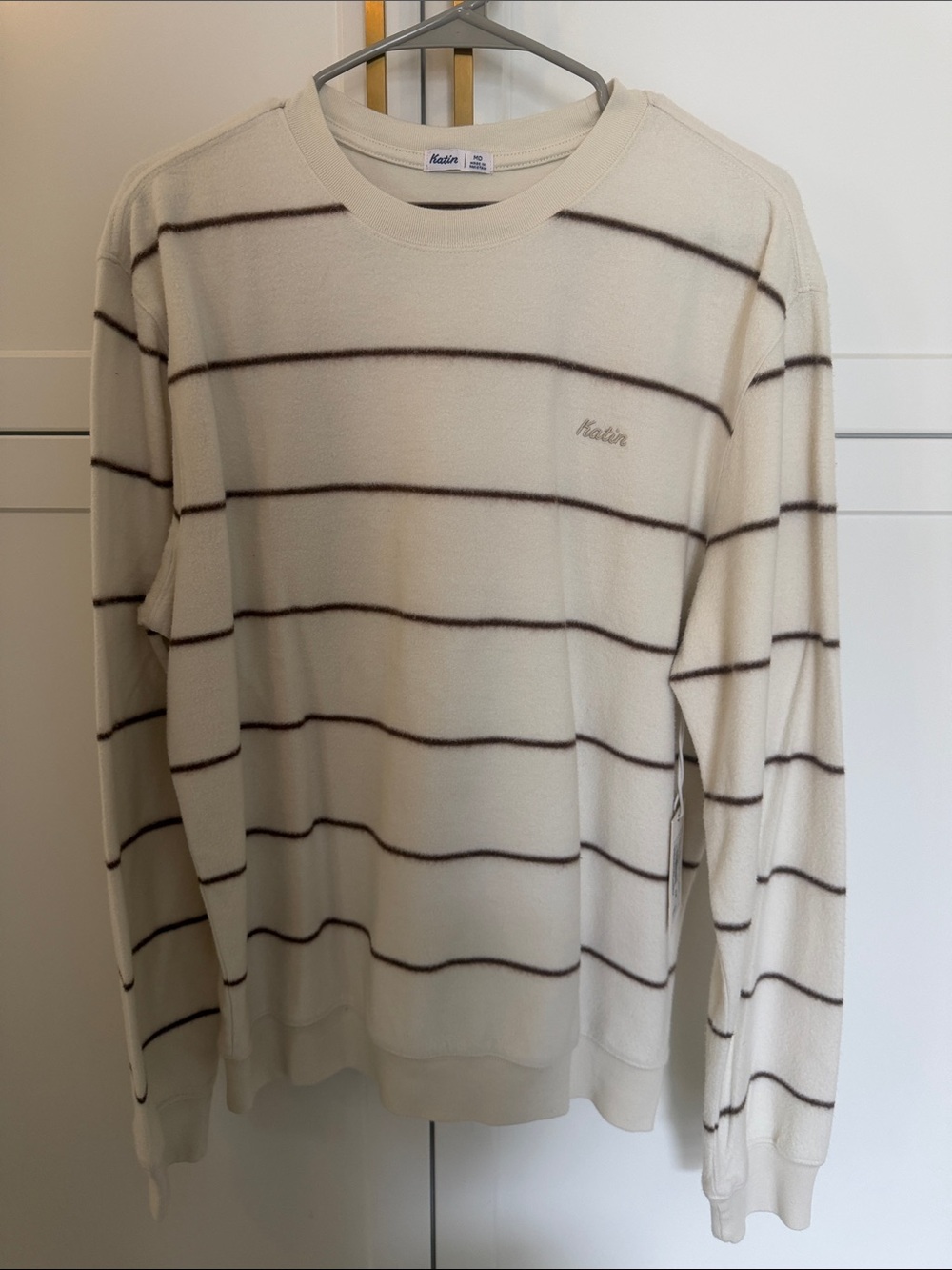 Katin Cream Crewneck Sweater with Brown Stripes